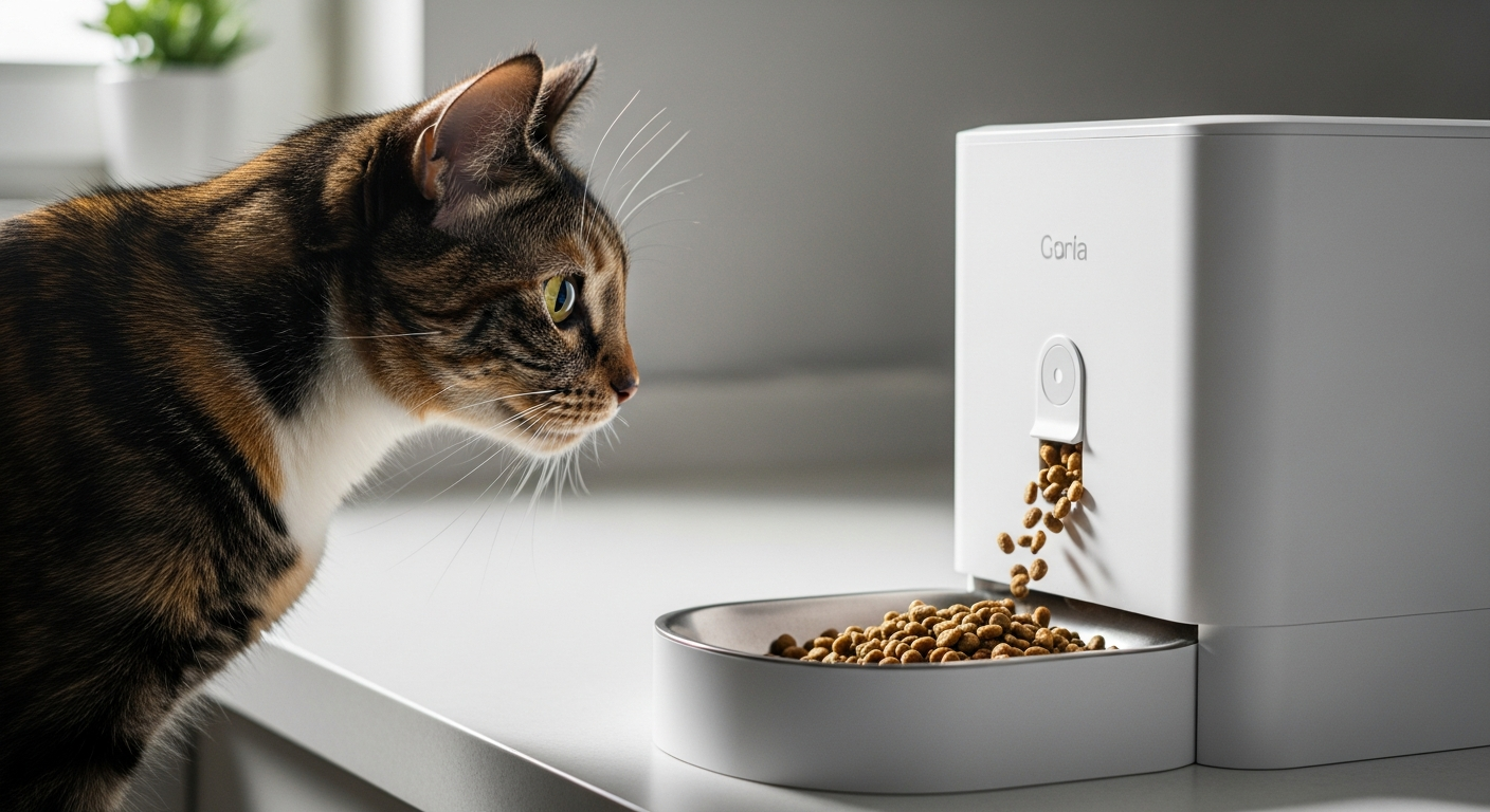 A tortoiseshell cat watching kibble dispense from a modern white automatic feeder
