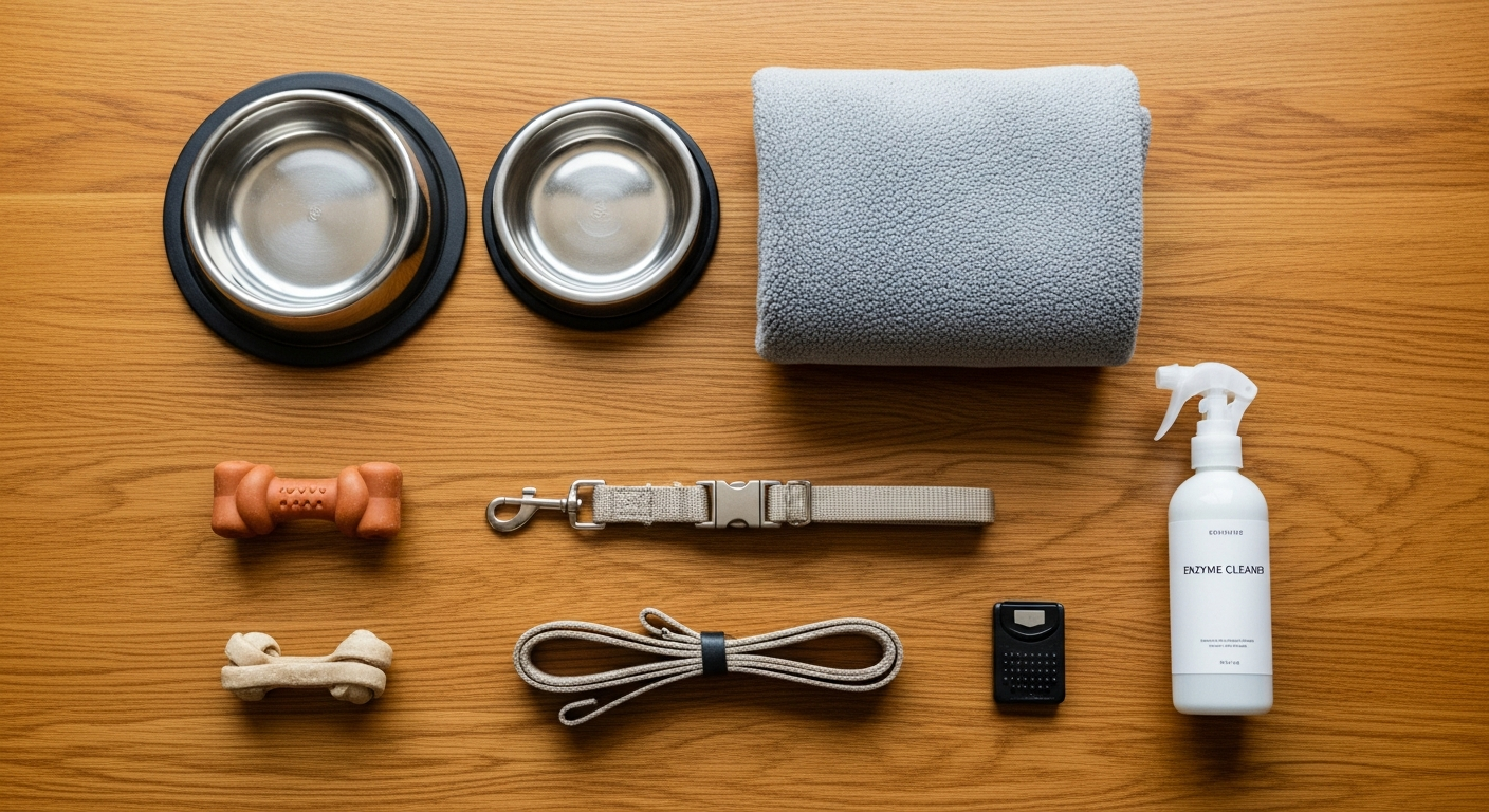 Flatlay of first-week puppy essentials on a wooden table — bowl, chew, blanket, cleaner, clicker